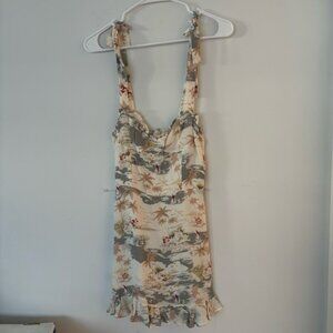 reformation cream & colourful hawaiian beach themed tie strap flowy mini dress